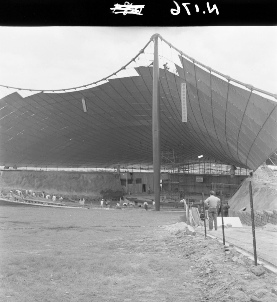 N176 Image showing footpath and loudspeakers during construction of the Sidney Myer Music Bowl