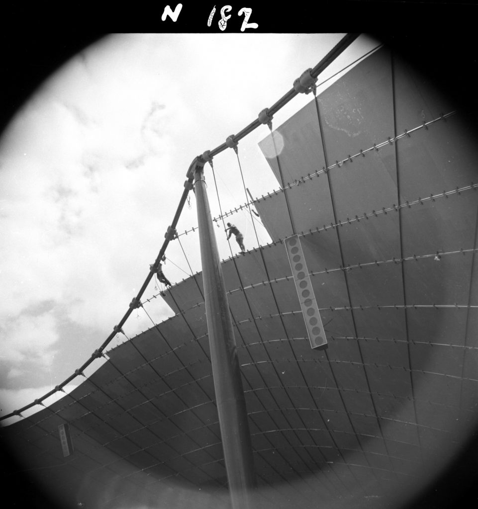 N182 Image showing completion of roof sheeting during construction of the Sidney Myer Music Bowl