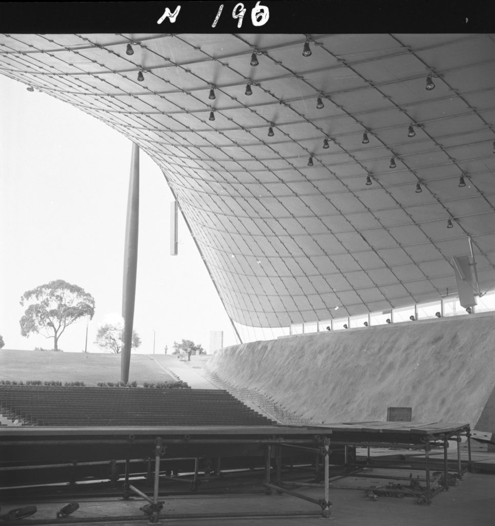 N190 Image showing a view from the stage of the Sidney Myer Music Bowl, with overhead lighting visible