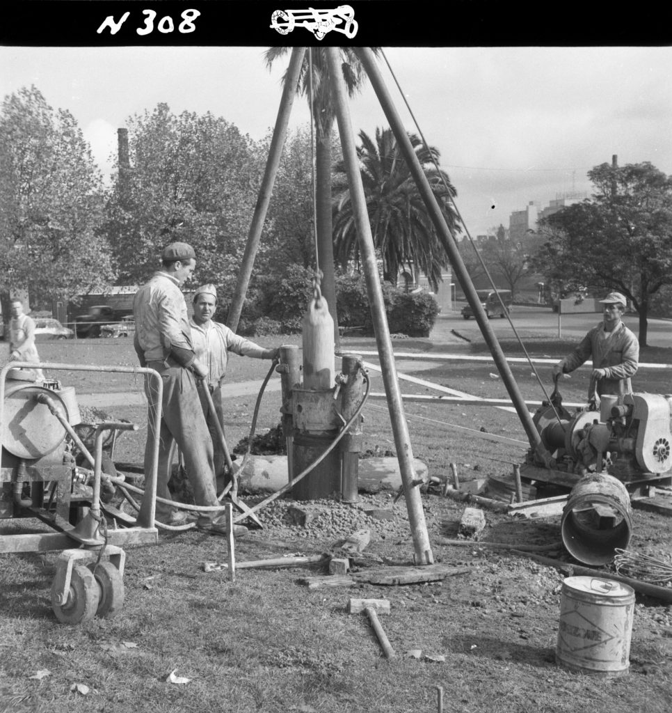 N308 Image showing initial drilling on the site of the Southgate Fountain in Snowden Gardens