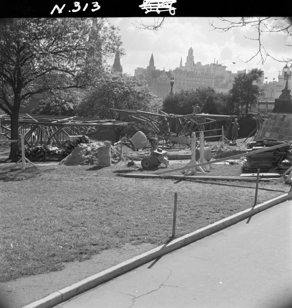 N313 Image showing construction of the Southgate Fountain in Snowden Gardens