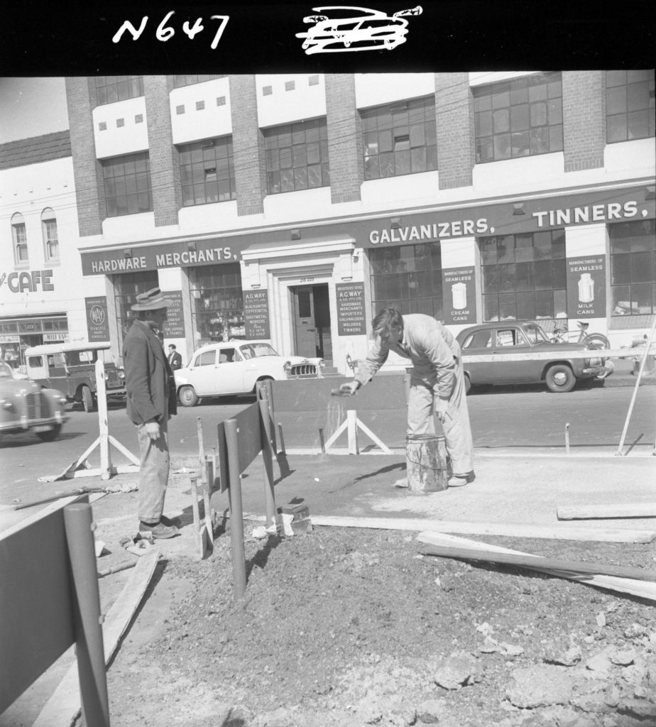 N647 Image showing construction of a concrete roundabout and traffic island near the Queen Victoria Market