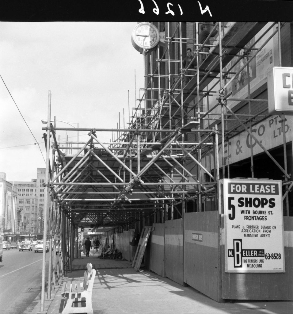 N1266 Image showing tube steel overhead awning and scaffolding during the Palladium project