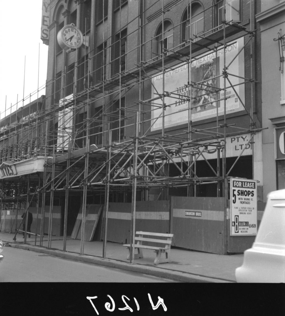 N1267 Image showing tube steel scaffolding and protective awning during the Palladium project