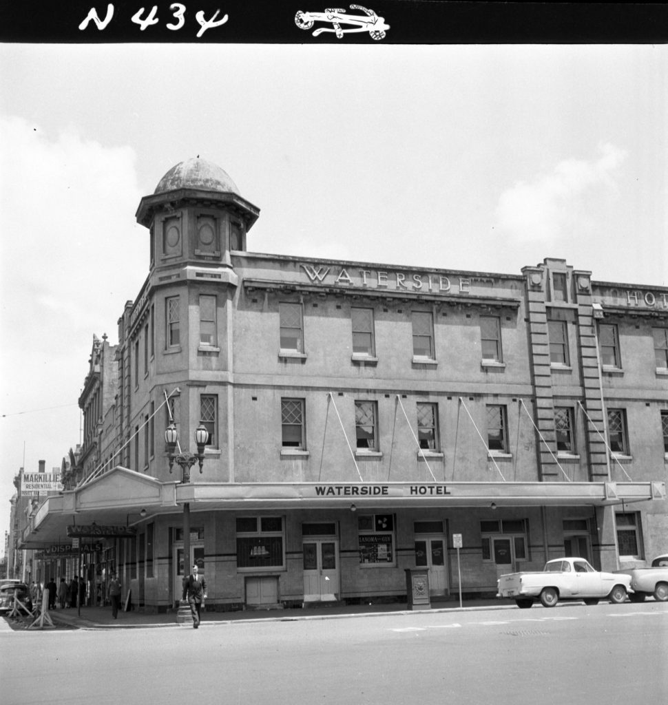 N434 Image showing a view of the Waterside Hotel during construction of the Flinders Street overpass