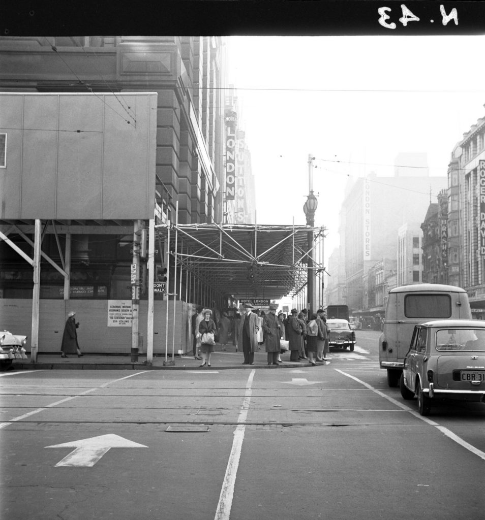 N43 Image showing hoardings outside the Colonial Mutual Life Building