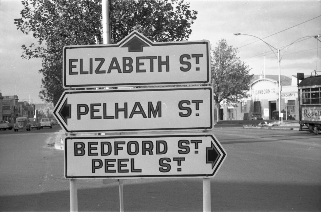 35A-31c Image of a sign for Elizabeth Street, Pelham Street, Bedford Street and Peel Street