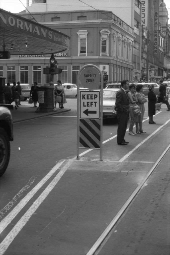 35A-85d Image of a sign marked “safety zone” “keep left” on Bourke Street