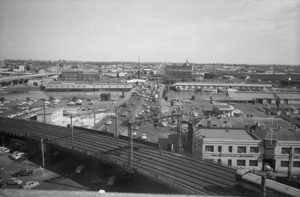 35A-96c Image of Flinders Street viaduct, with Spencer Street bridge and the Yarra River visible behind