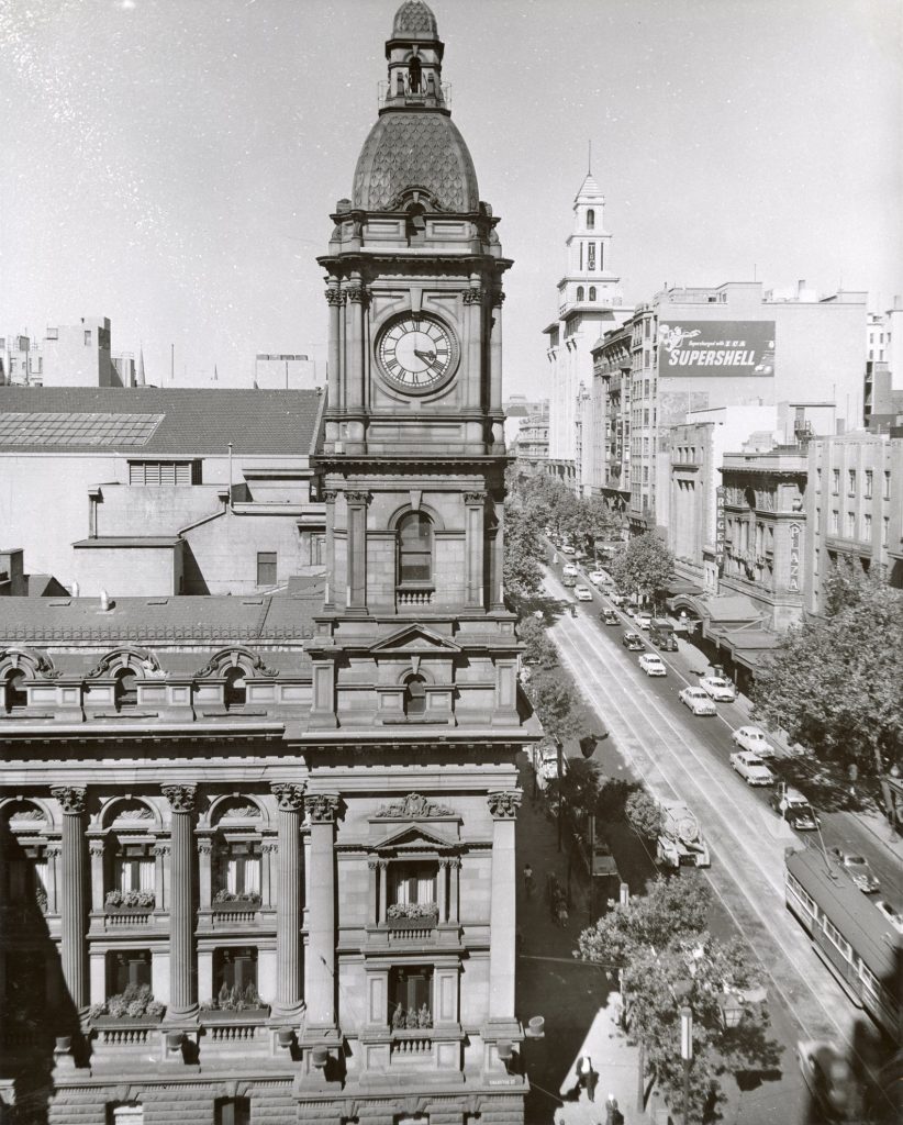 Image of the clock tower of Melbourne Town Hall, taken from Swanston Street