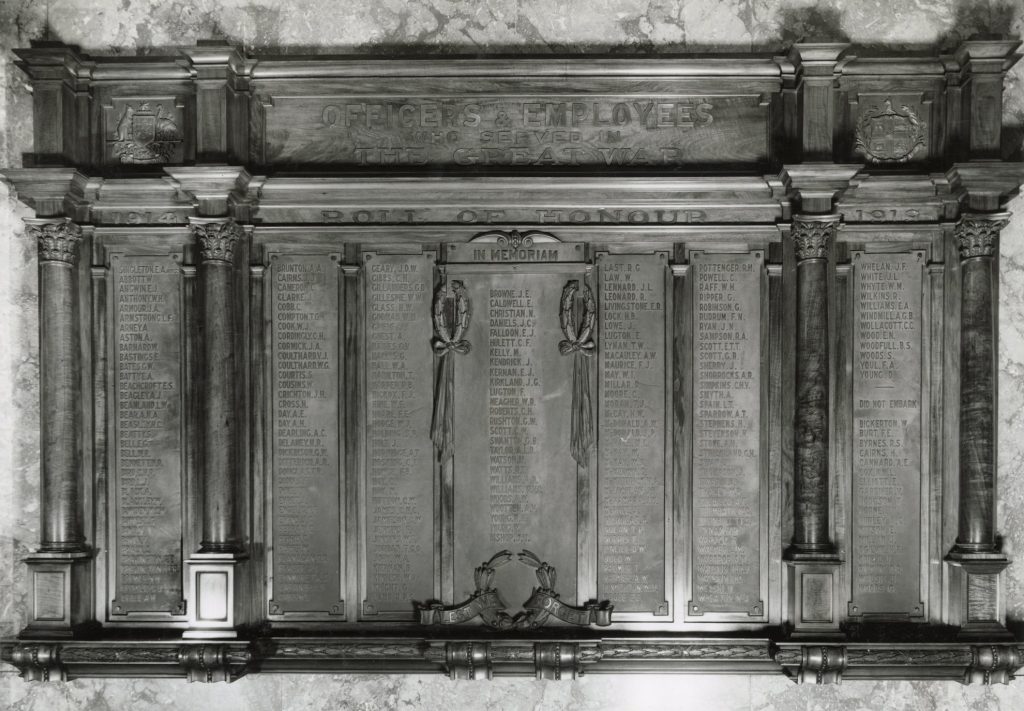 Image of an honour board for officers and employees who served in World War I