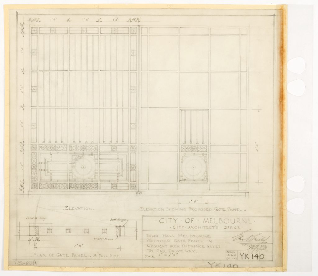 Proposed wrought-iron gate panel for Melbourne Town Hall