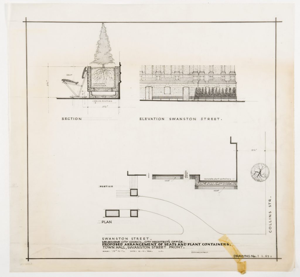 Proposed arrangement of seats and plant containers Town Hall, Swanston St