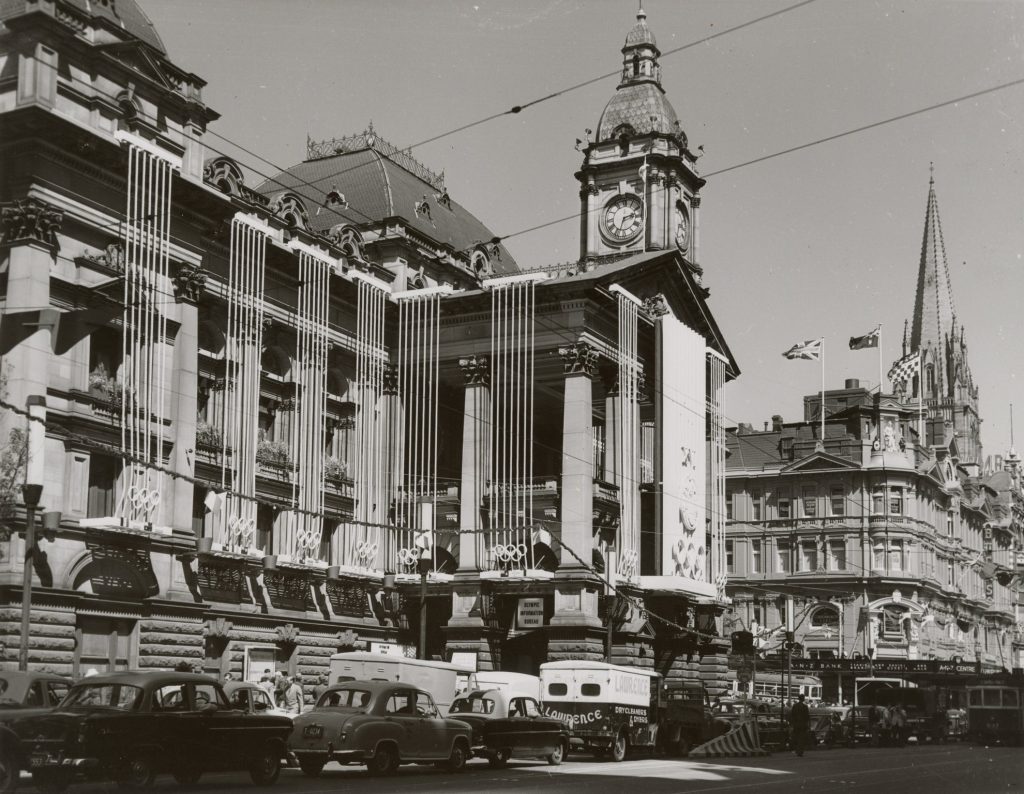 Image of Melbourne Town Hall decorated for the 1956 Olympic Games