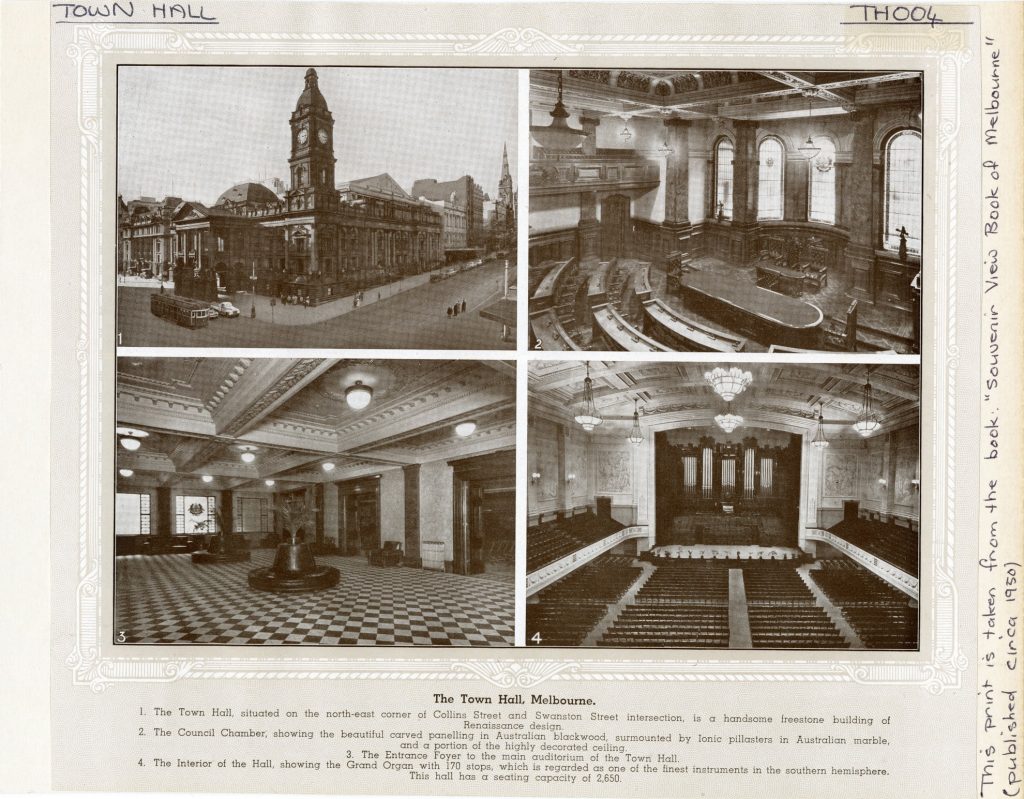 Images of Melbourne Town Hall, from the book ‘Souvenir View Book of Melbourne’