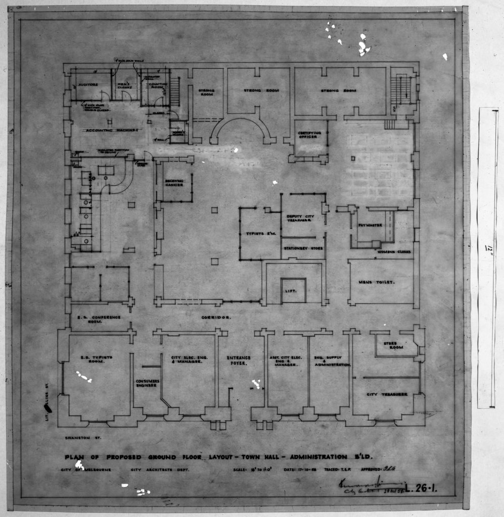 Negative of a proposed floor plan for the Melbourne Town Hall administration building