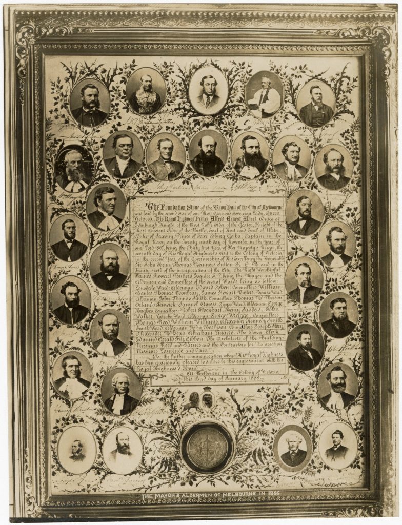 Image of a document commemorating the laying of the foundation stone of Melbourne Town Hall