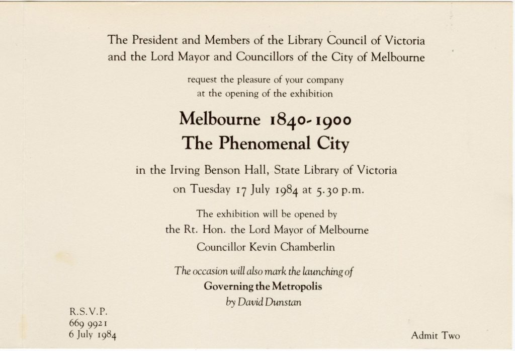 Invitation to an exhibition titled ‘Melbourne 1840-1900: The Phenomenal City’ image 1732858-2
