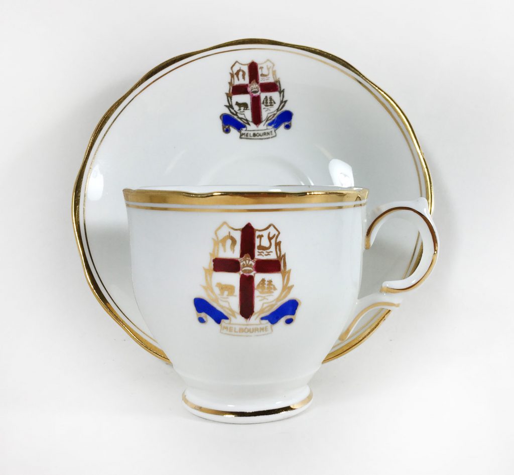 Cup and saucer, City of Melbourne coat of arms