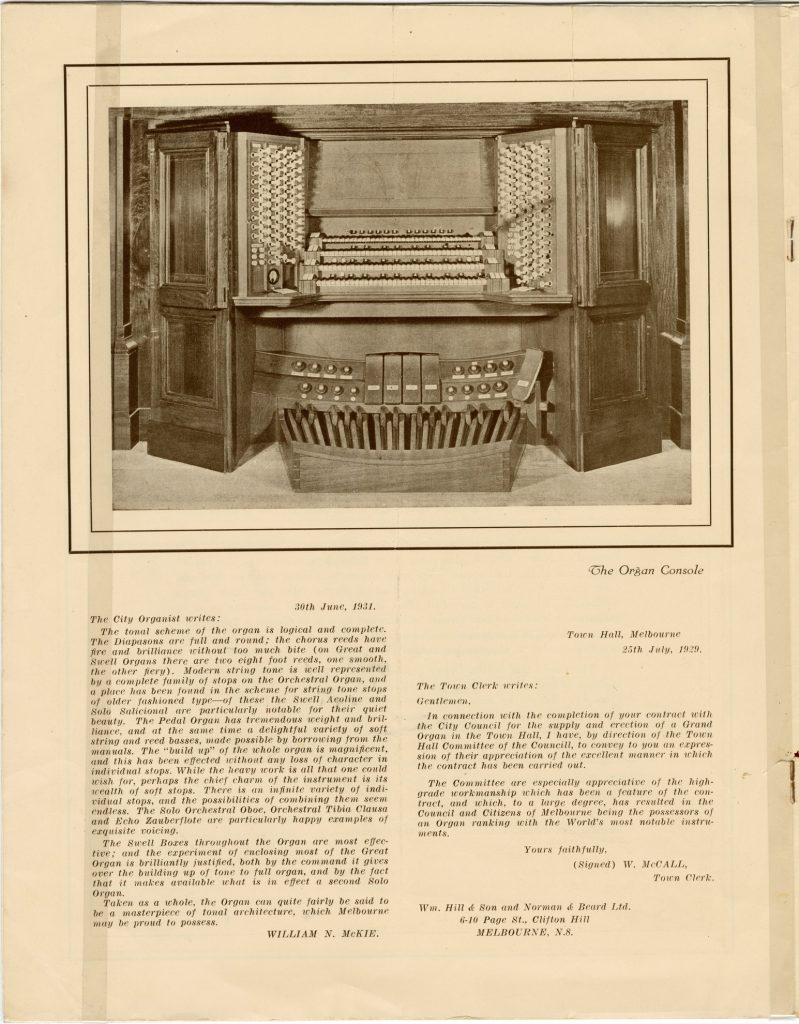 Image and specifications for the 1929 Melbourne Town Hall Grand Organ