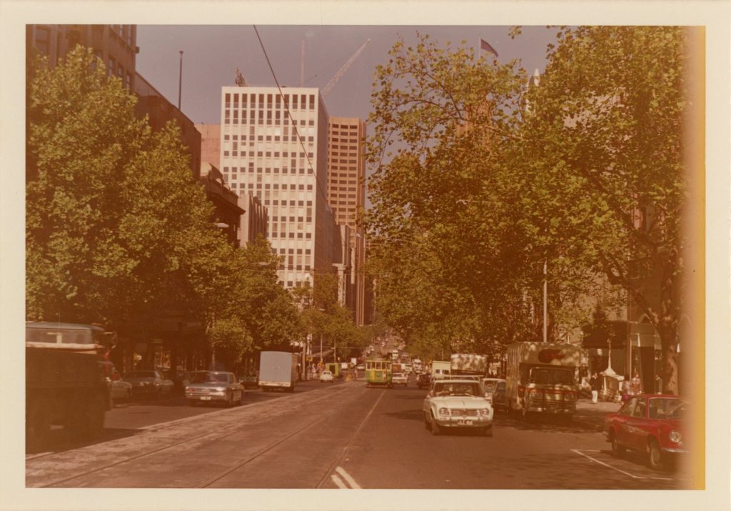 Image of trees along Collins Street, looking west from Russell Street