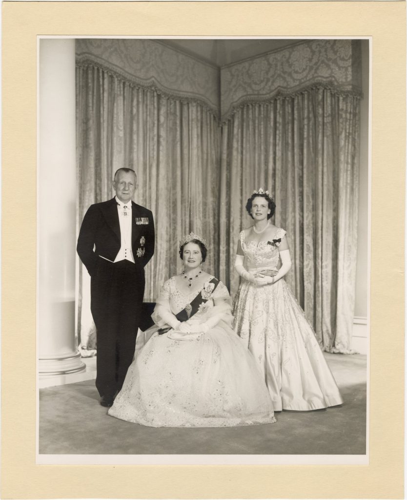 Image of Queen Elizabeth the Queen Mother, Governor Sir Dallas Brooks and his wife, Muriel Turner, at the Lord Mayor’s ball