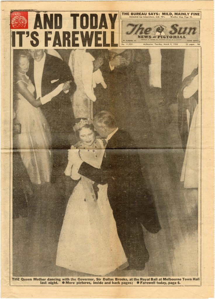 Front page of The Sun newspaper, showing Queen Elizabeth the Queen Mother dancing with the Governor, Sir Dallas Brooks