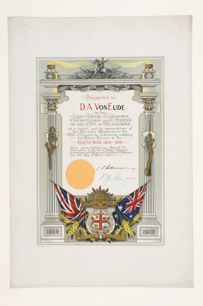 Certificate, presented to D.A. Von Eude