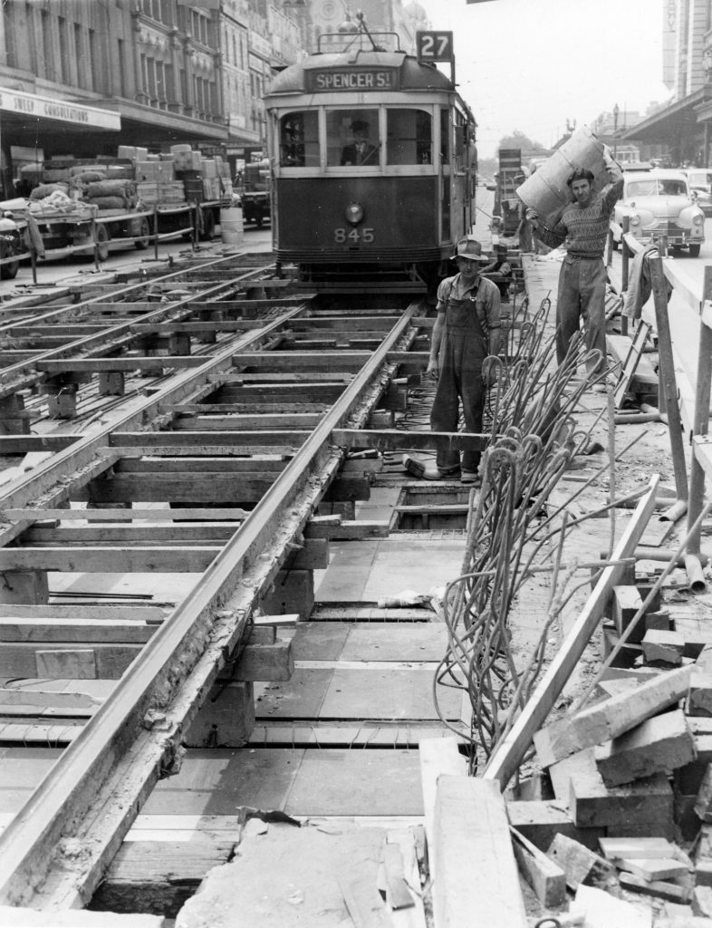 Tram track construction, Flinders Street
