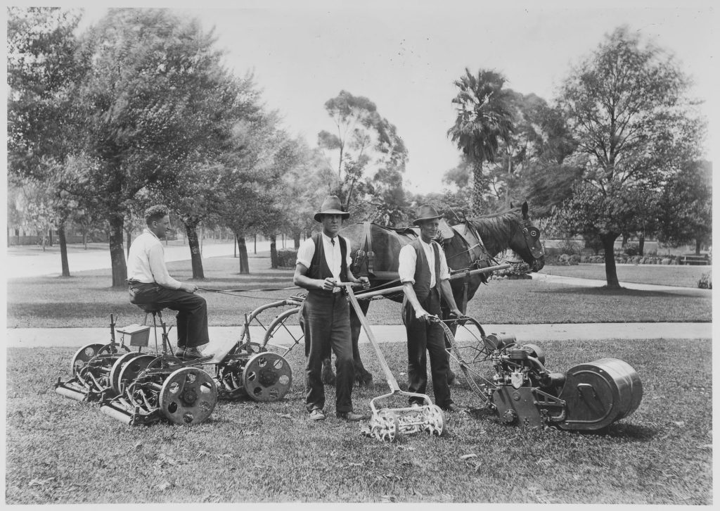 Horse drawn and motorized mowing machines with men, Queen Victoria Gardens