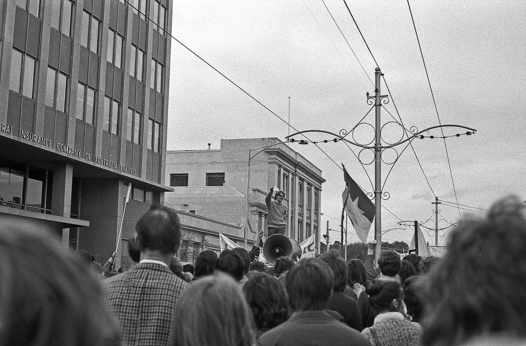 Addressing the crowd (Vietnam moratorium protest)