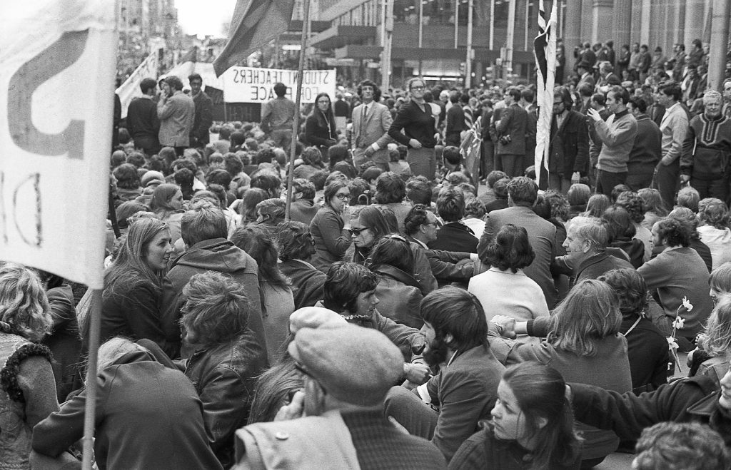 Faces in the crowd, corner of Bourke and Swanston Streets (Vietnam moratorium protest)