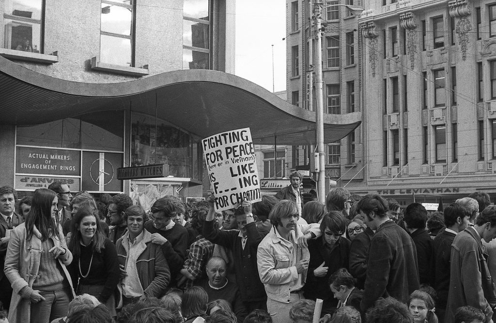 Faces in the crowd, corner of Bourke and Swanston Streets (Vietnam moratorium protest)