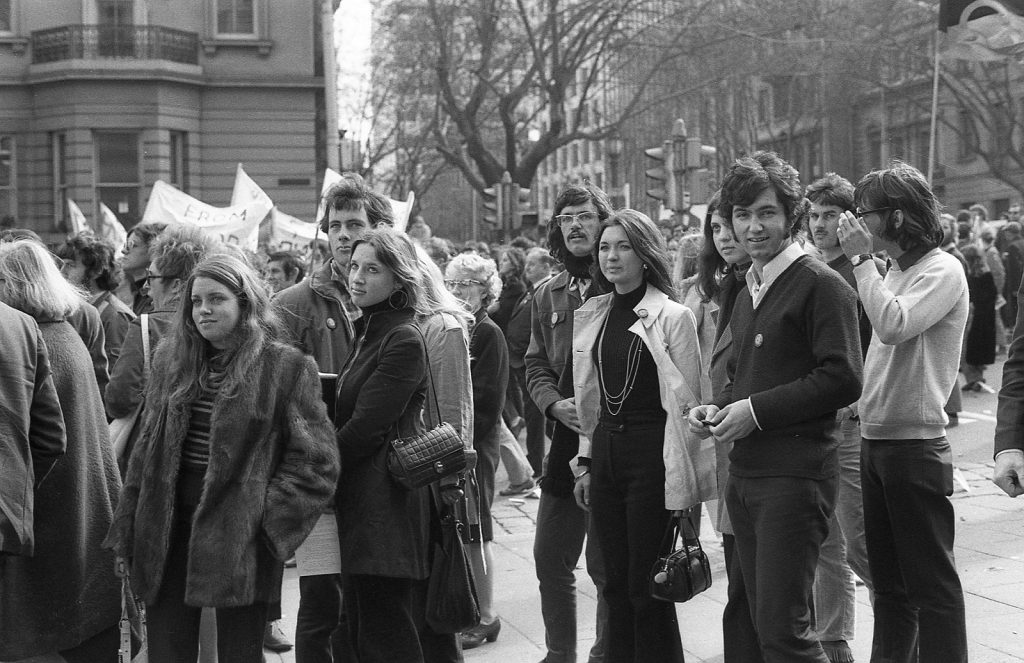 Monash University students, corner of Collins and Spring Streets (Vietnam moratorium protest)